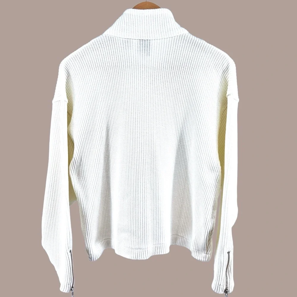 Vintage Together Ribbed Sweater Large Knit White Asymmetrical Zip Collared Moto - Picture 2 of 16
